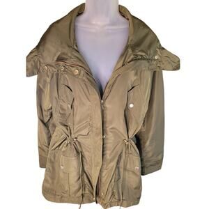 DB Women Jacket Olive Green Hood Zip/Snap Drawcord Lined Pockets Sz XL